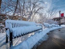 Three benches along campus pathway covered with snow.
