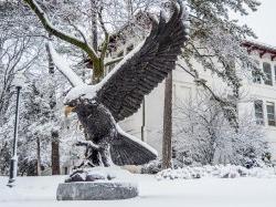巨大的密歇根州立大学红鹰铜像被雪覆盖.